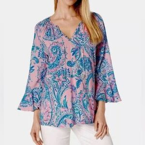 Lilly Pulitzer EUC Willa Flounce Sleeve top in Pink Tropics Print Size Small